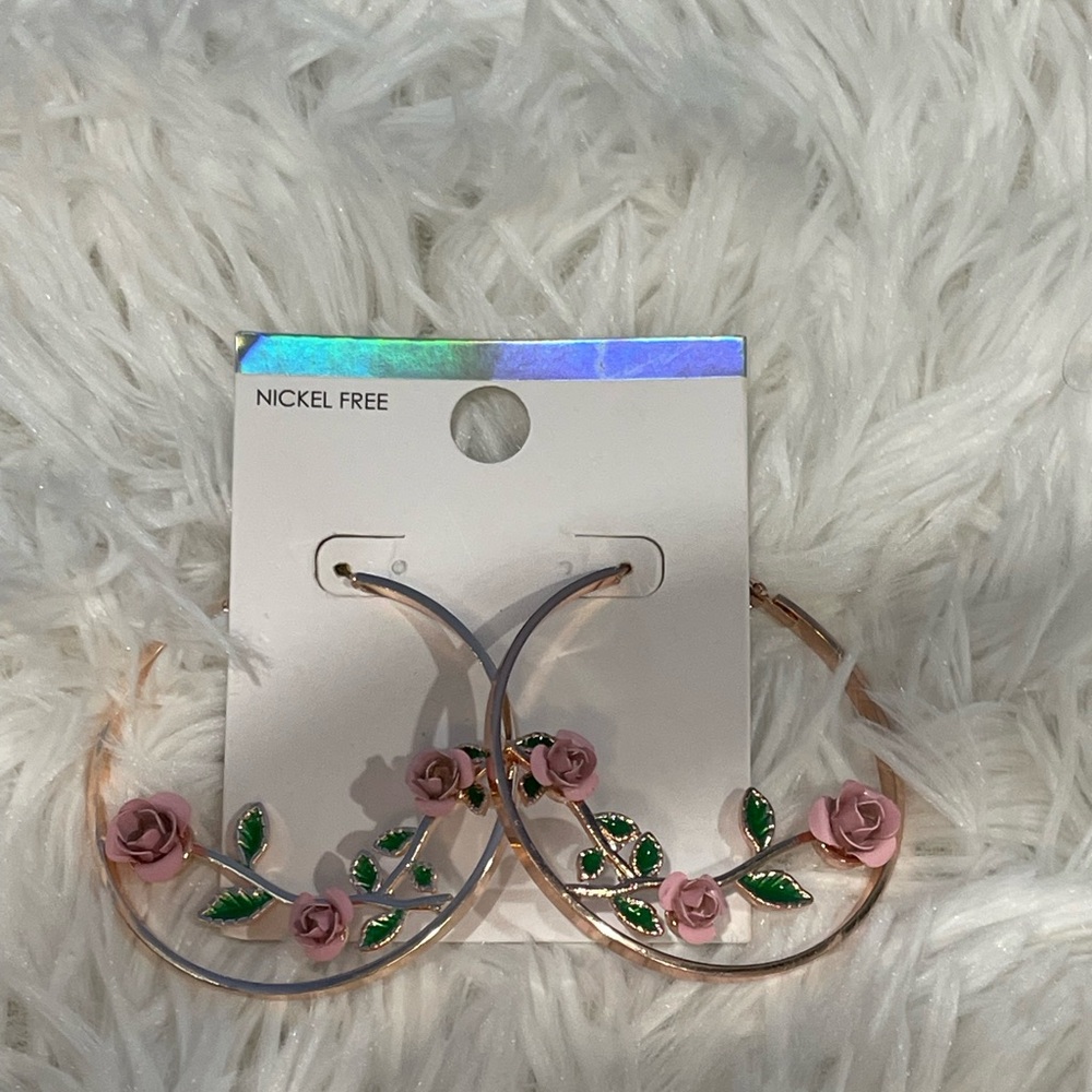 Floral Hoop Earrings with Pink Roses